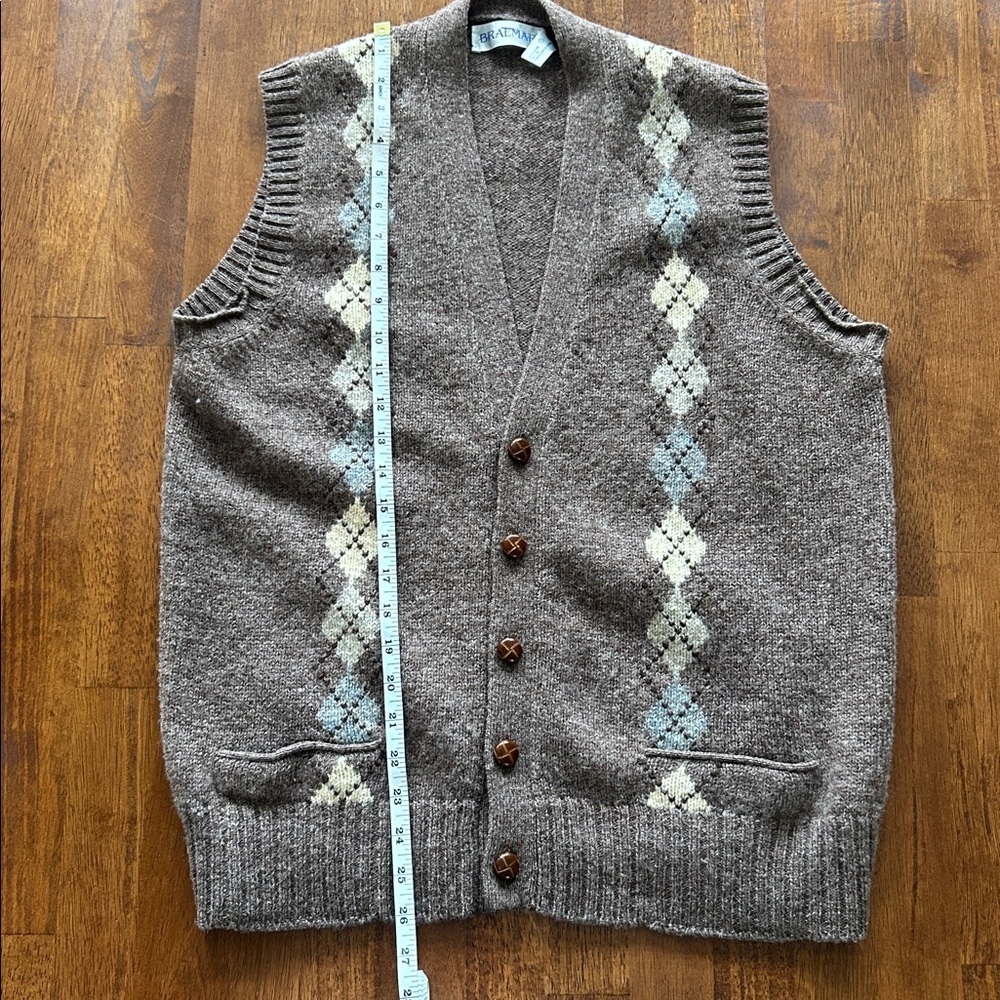 Braemar Argyle Vest Scottish shetland Wool Brown Pastel Diamond Pattern size L - Picture 5 of 9